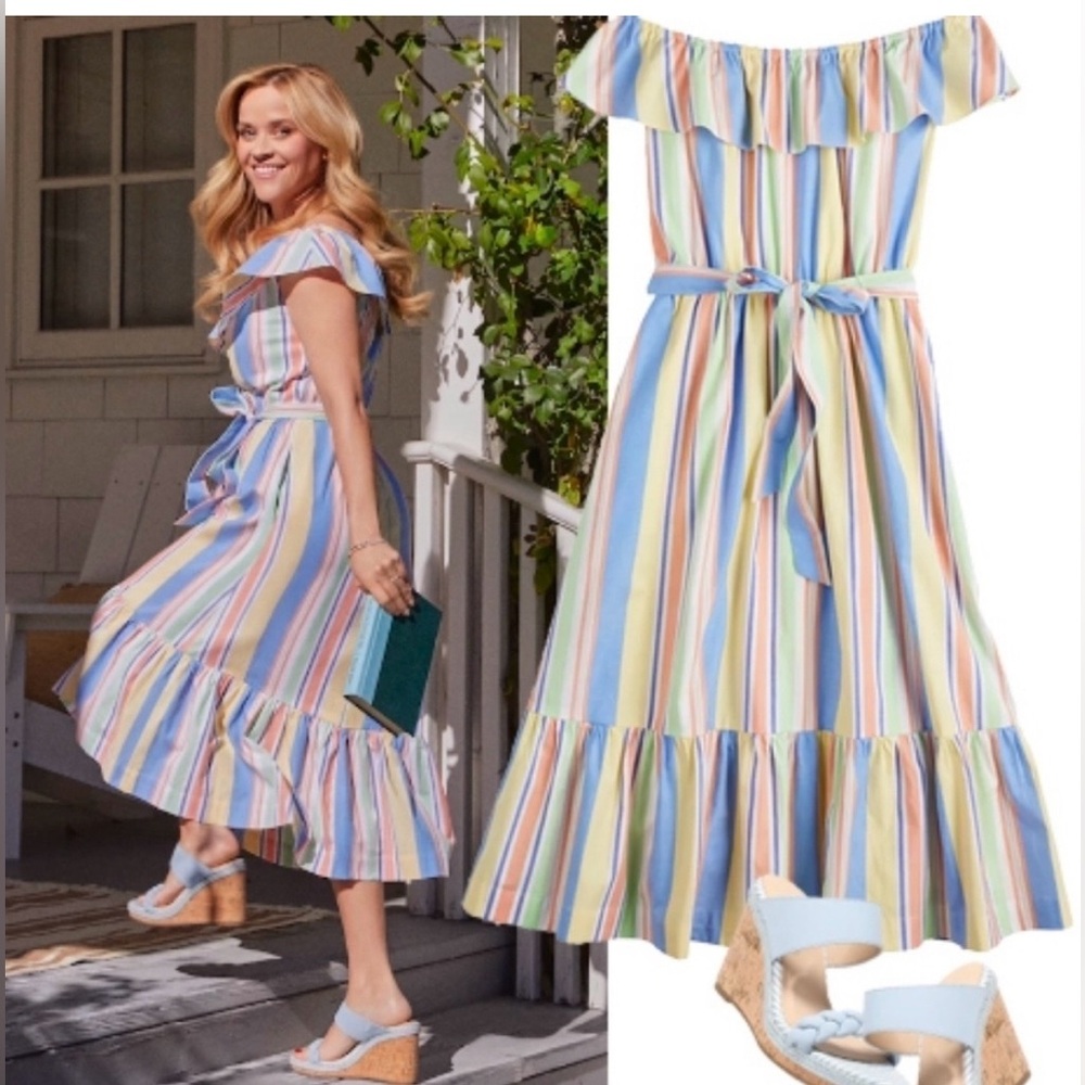 Draper James RSVP Striped Off Shoulder Ruffle Midi Dress Pastel Cotton, Large
